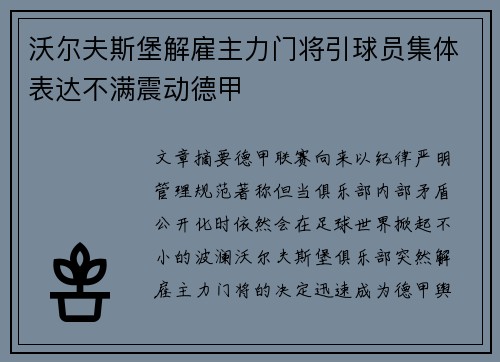 沃尔夫斯堡解雇主力门将引球员集体表达不满震动德甲
